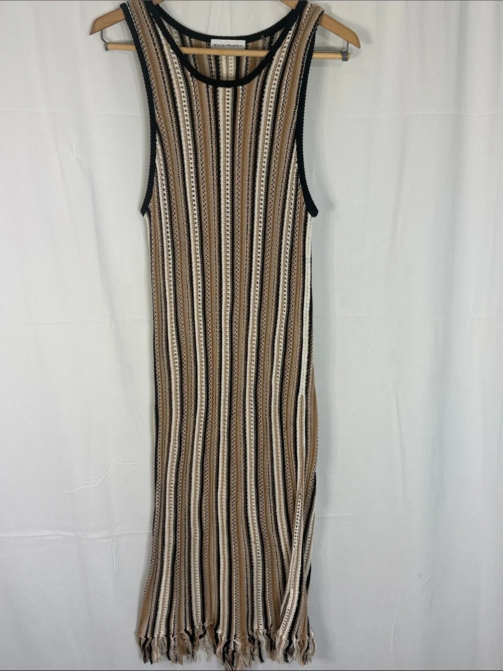 White + Warren Mercerized cotton fringe crochet dress Beige/Brown Black Size L